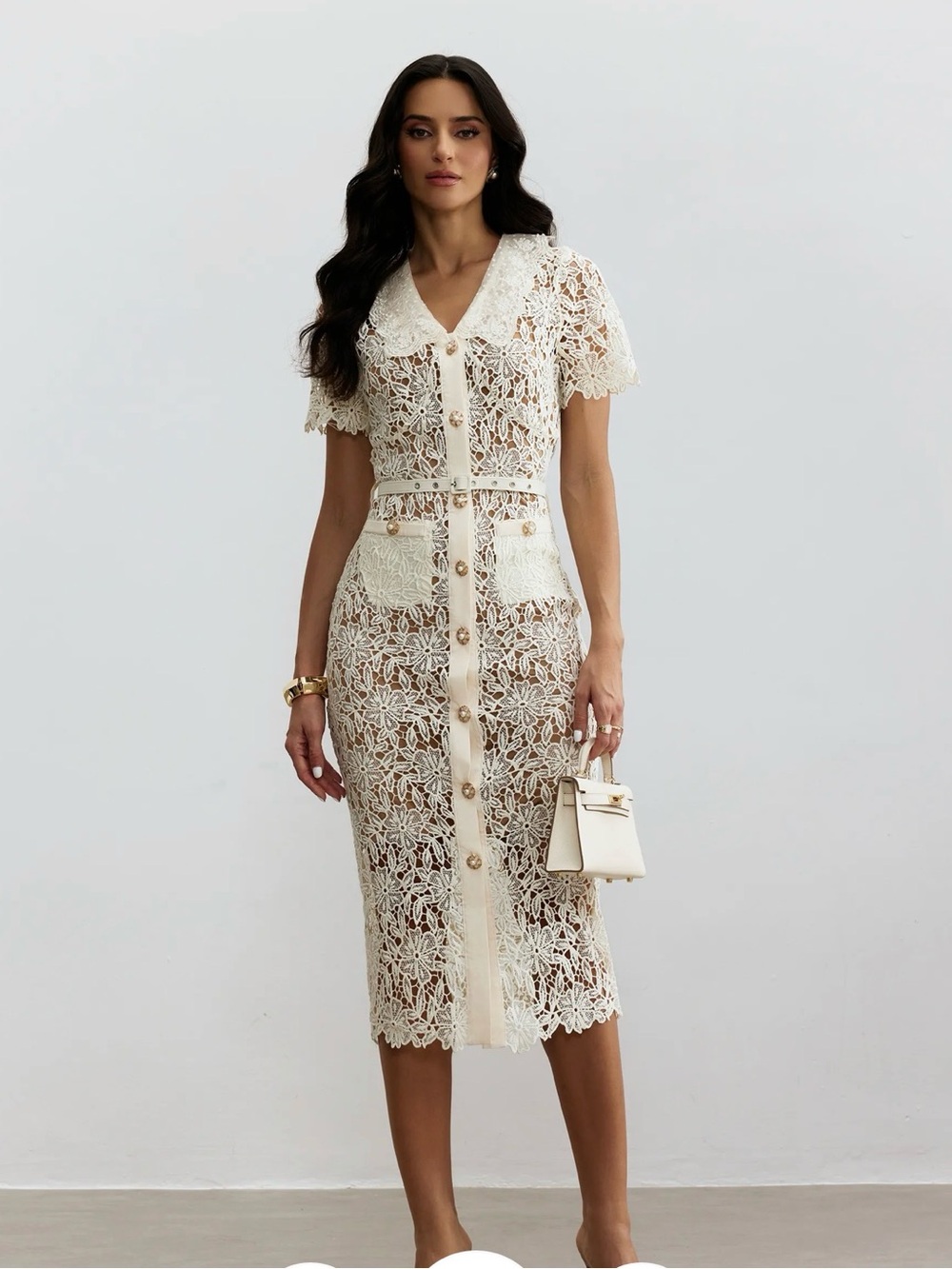 Lace Button-Front Ivory Midi Dress with Collar